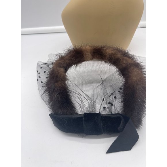 Vintage Women\'s Head Piece Hat Real Fur Polka Dot Veil main image 5